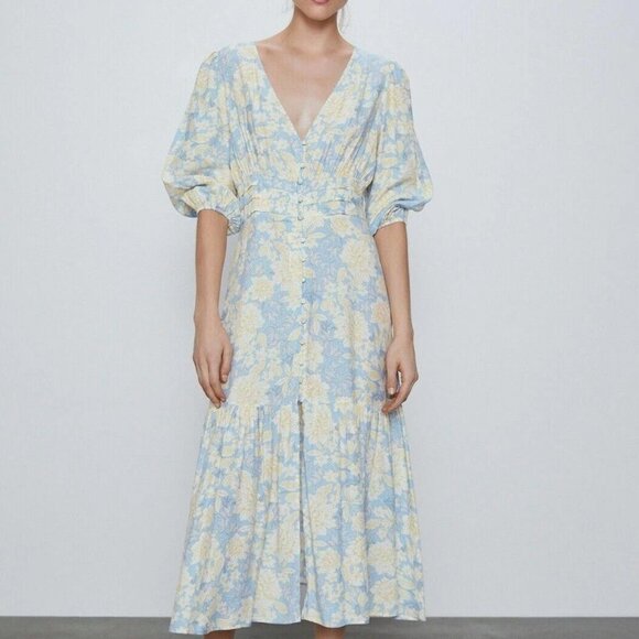 Like NEW Aly Daly blue and cream spring Floral Midi Dress, Large - Picture 4 of 14